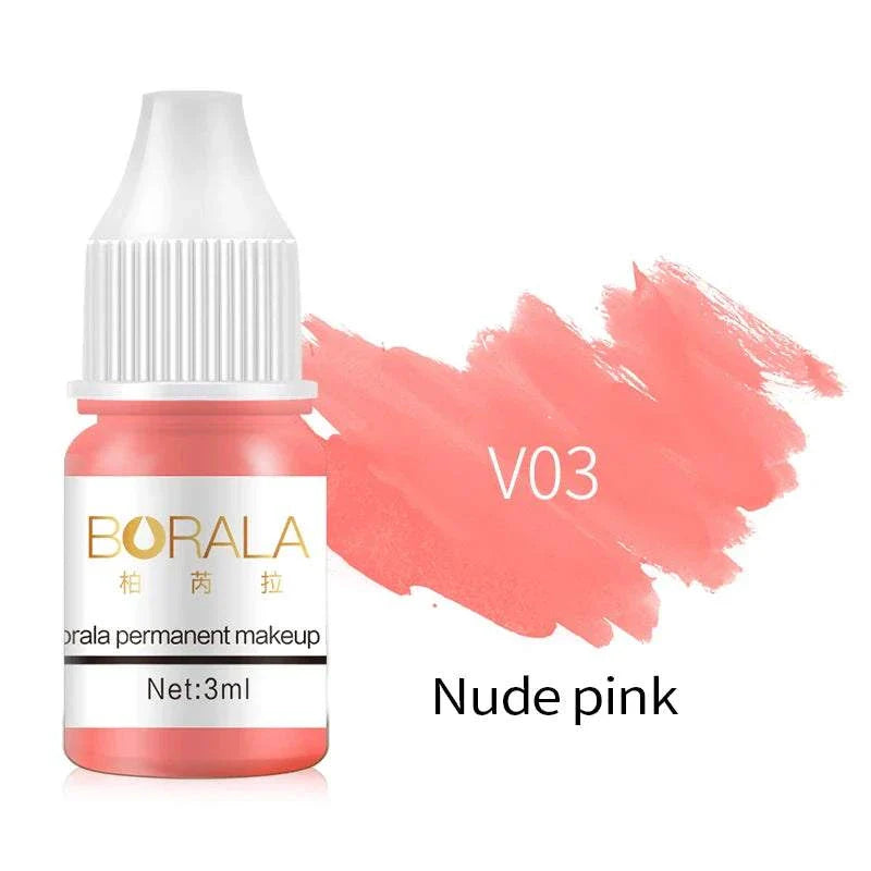 Borala 26 Colors 3ML permanent makeup tattoo pigment in nude pink shade V03 for lips, eyebrows, and eyeliner.