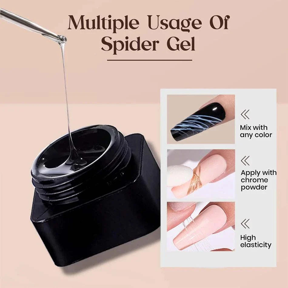 CHUNSHU 5ML Black & White Nail Painting Gel in jar with clear spider gel dripping, showing nail art examples of mixing colors, chrome powder application, and elastic designs
