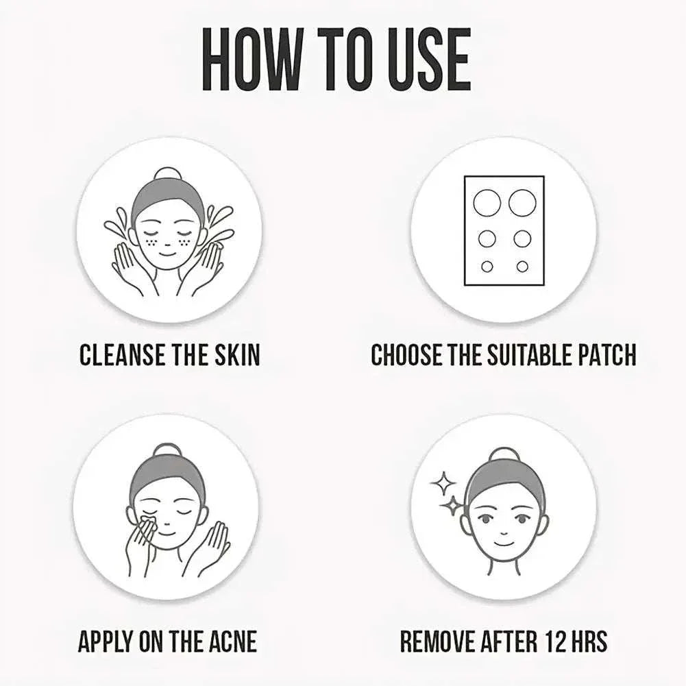 How-to-use guide for Colorful Star Pimple Patch showing steps: cleanse skin, select patch, apply on acne, remove after 12 hours.