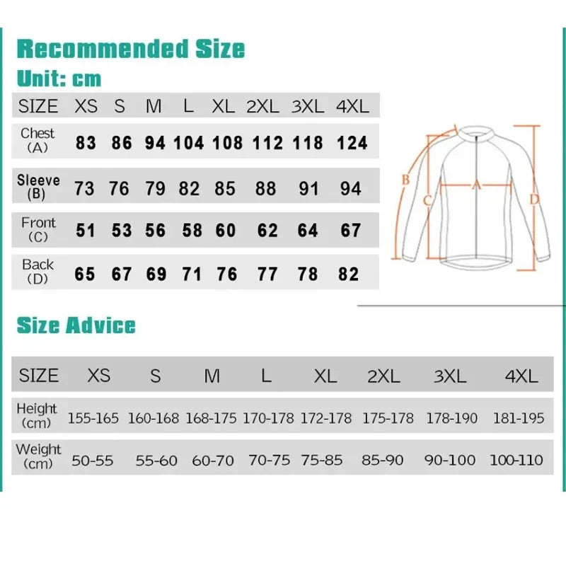 Size chart and measurement guide for 2025 New Cycling Jersey in centimeters