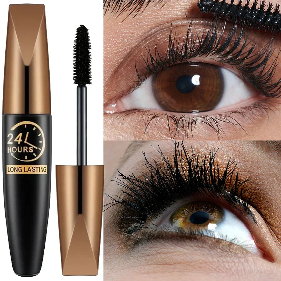 5D Black Silk Fiber Mascara waterproof lengthening volumizing with close-up of dramatic lashes before and after application