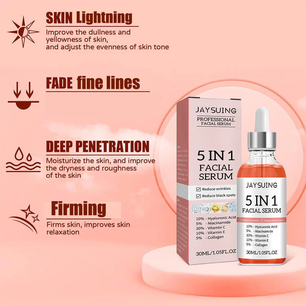 5 In 1 Fade firming face serum with Vitamin C and Hyaluronic Acid to reduce fine lines, brighten skin, and hydrate deeply