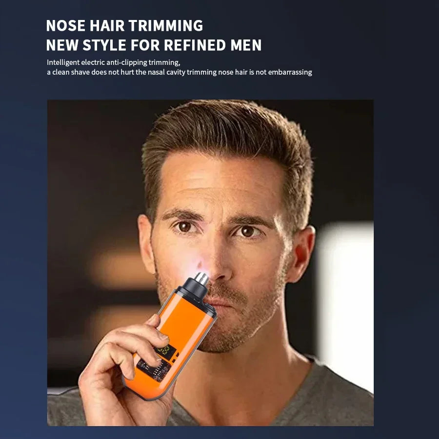 Man using 2-in-1 electric ear and nose hair trimmer for precise grooming