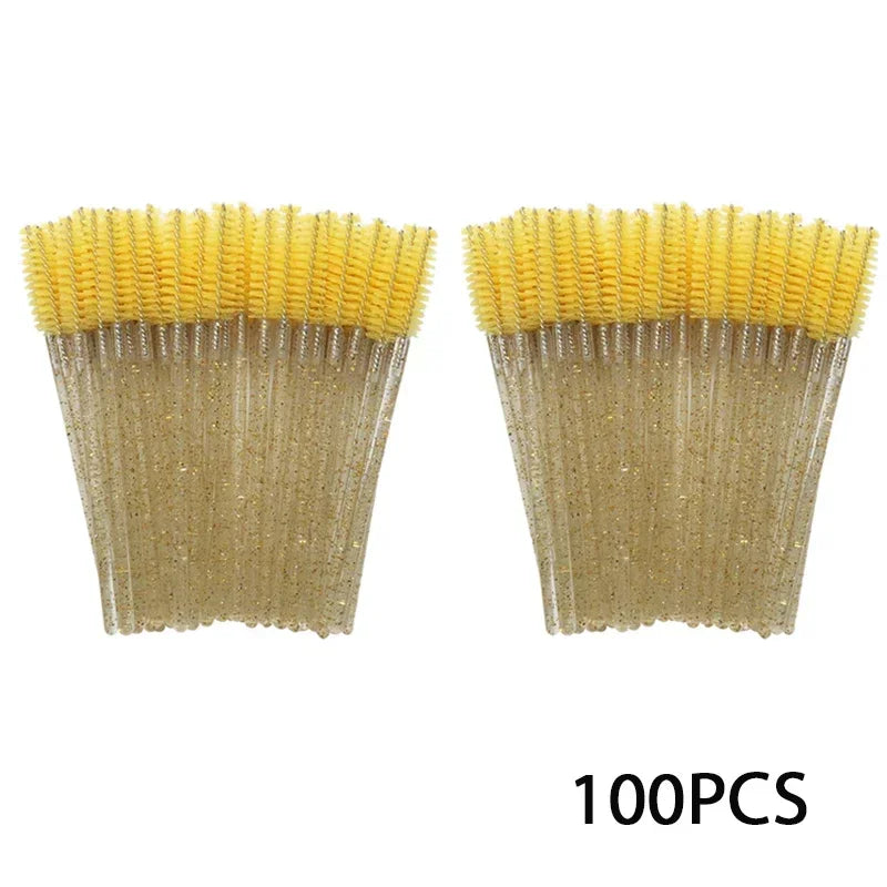 100 disposable mascara and eyebrow brushes with yellow soft bristles and clear handles, 100pcs pack
