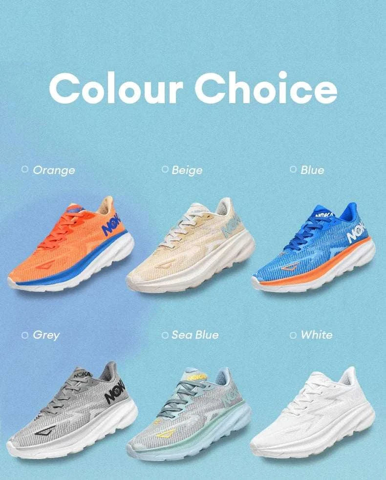 Carbon Plate Air Cushion running shoes available in orange, beige, blue, grey, sea blue, and white colors.