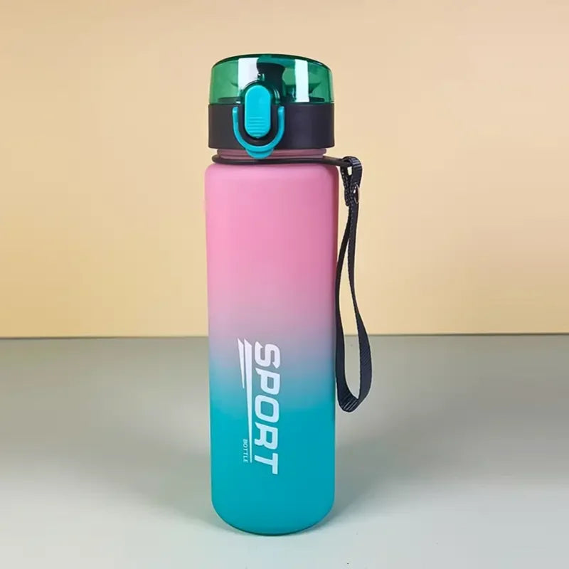 BPA-Free leak-proof sports water bottle with pink to teal gradient and secure green flip-top lid, ideal for active use