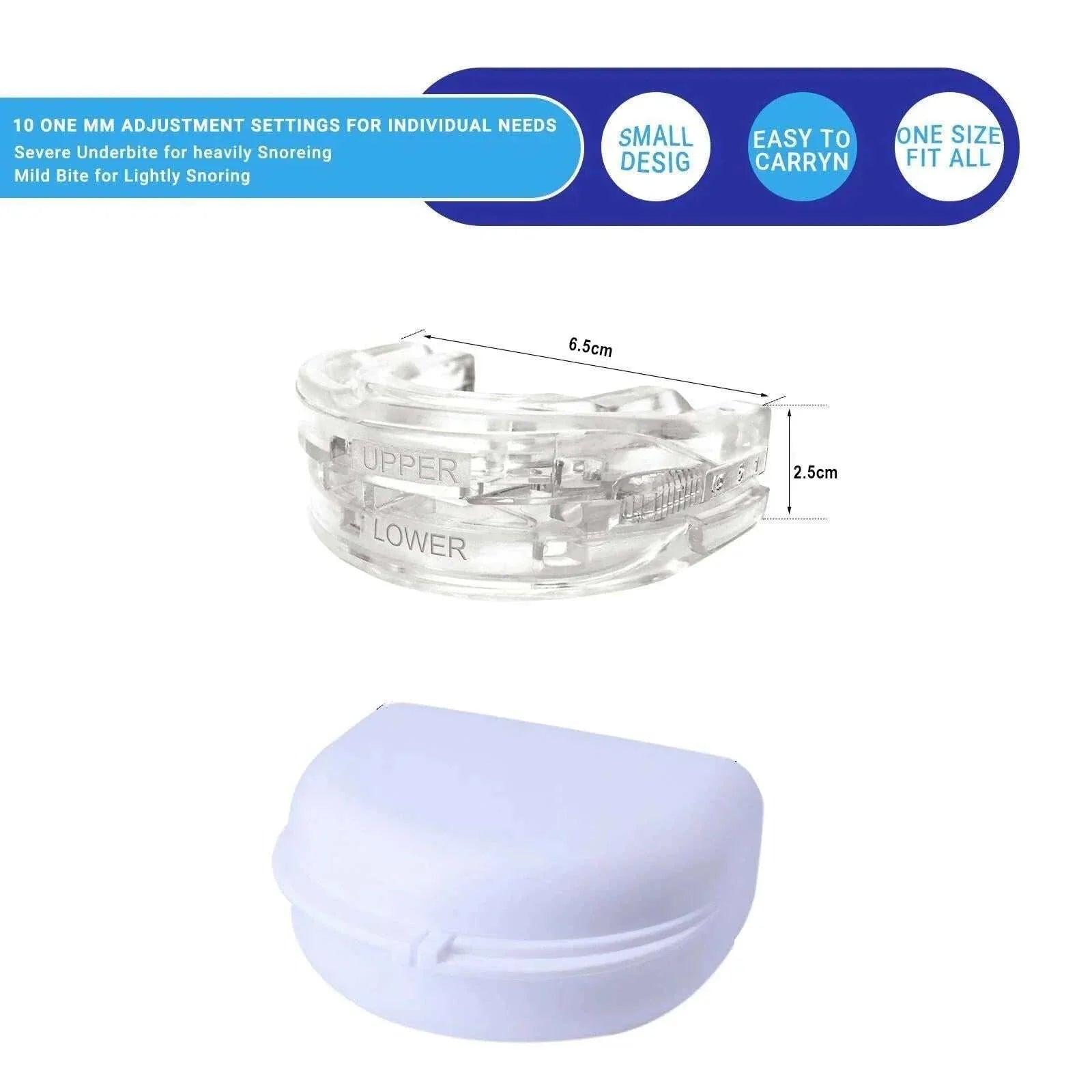 Adjustable anti-snoring mouth guard with 10 settings, clear ergonomic design, and portable storage case for snoring and bruxism relief.