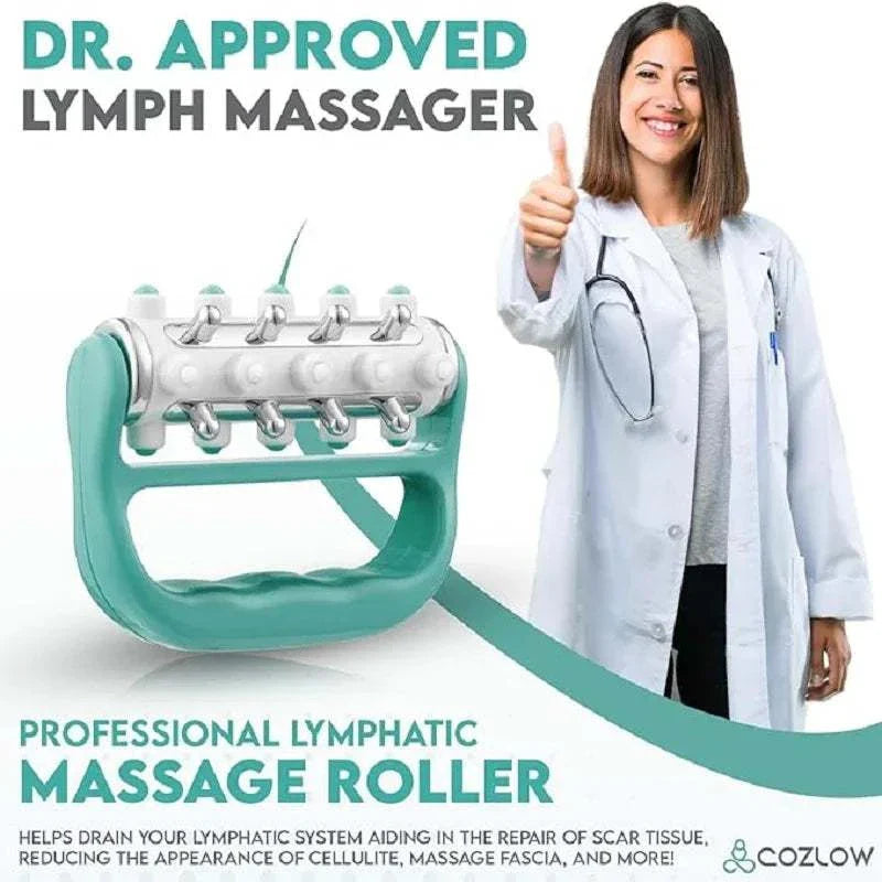 MyoRelease Lymphatic Drainage Massager in green handheld professional roller for fascia release and scar tissue massage with doctor endorsement