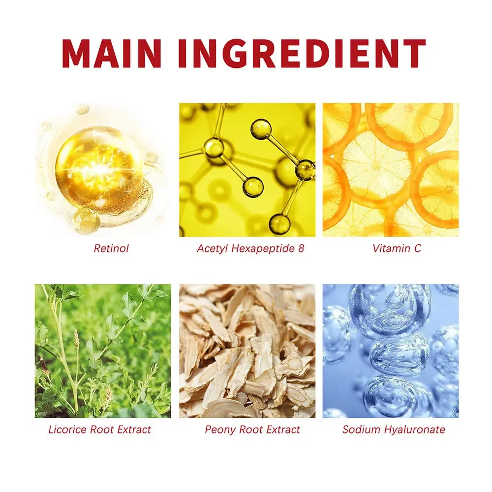 Retinol Lifting & Firming Collagen Cream main ingredients including Retinol, Acetyl Hexapeptide 8, Vitamin C, Licorice Root Extract, Peony Root Extract, and Sodium Hyaluronate for anti-aging and brightening skincare