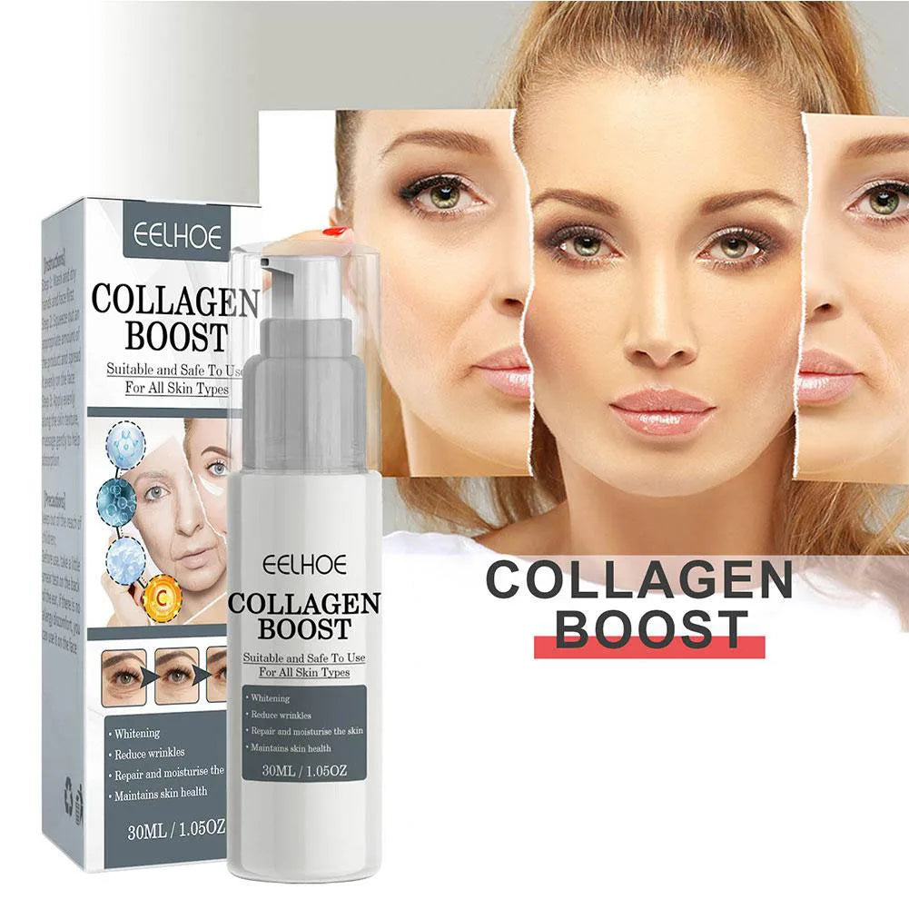 Collagen Boost Firming Essence Cream bottle and packaging with before and after images showing skin firming and brightening effects