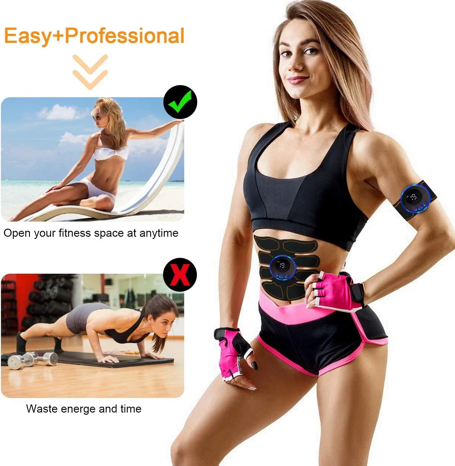 fit woman wearing abdominal muscle massage EMS device and arm training patches for core toning and strengthening at home