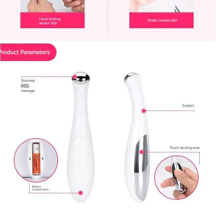 White home electric eye massage beauty instrument with stainless steel massage head and touch sensor for reducing puffiness and fine lines