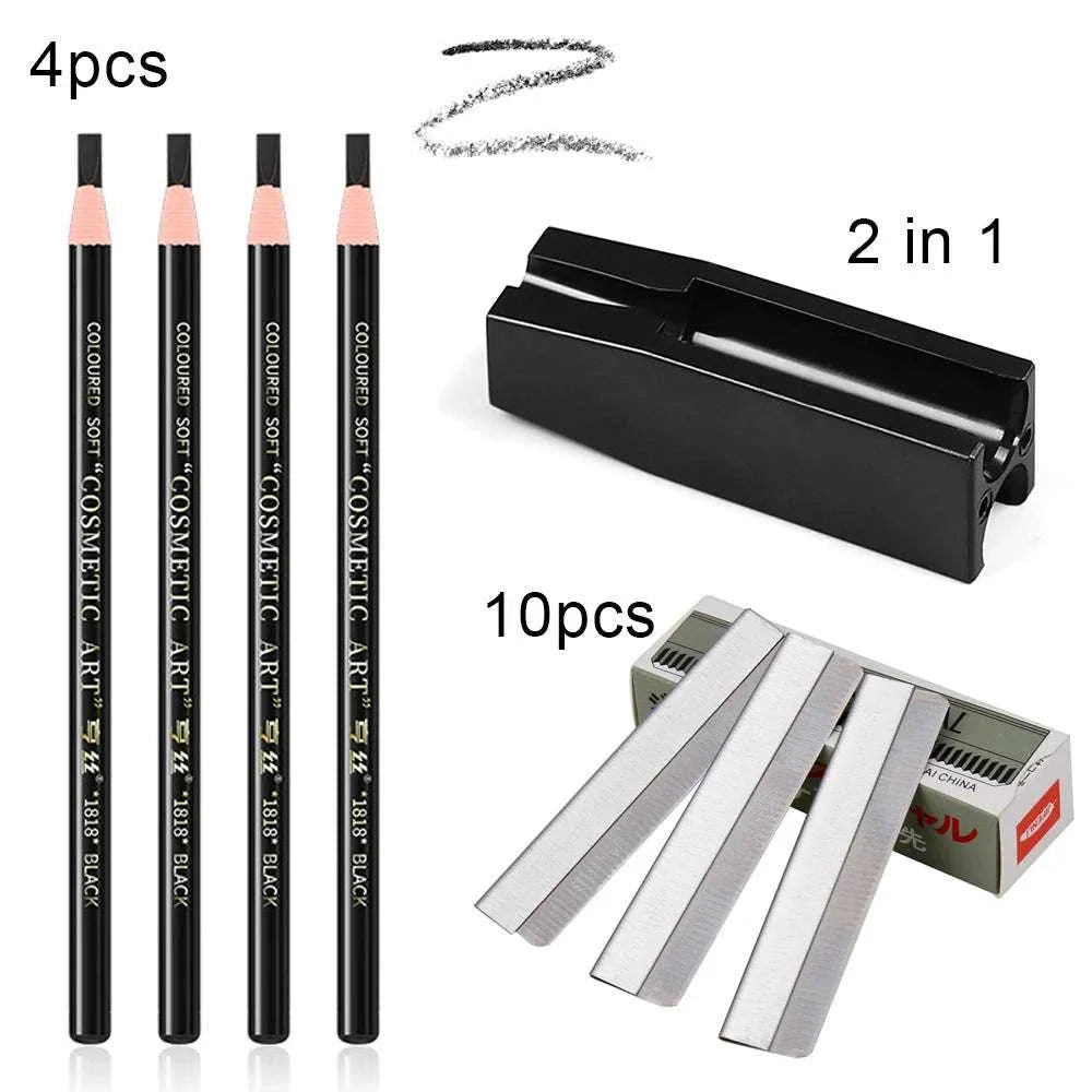 Eyebrow pencil and trimmer set with 4 black pencils, sharpener, and 10 precision trimmer blades for grooming and shaping brows.