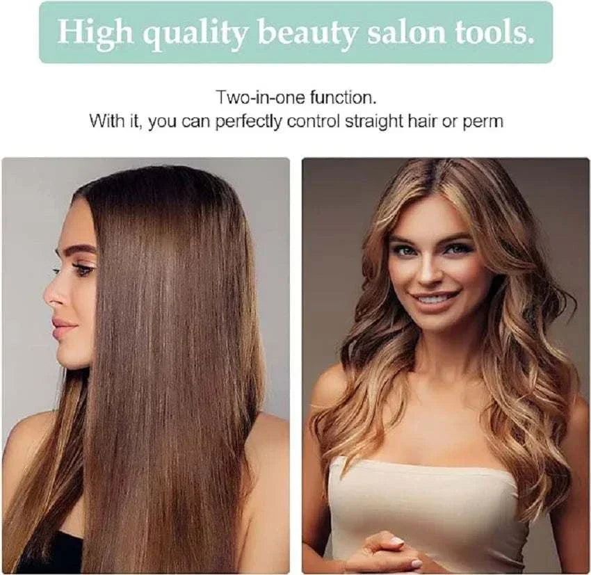 Mini Flat Iron for Travel showing smooth straight hair and styled wavy hair on women demonstrating versatile hair styling options