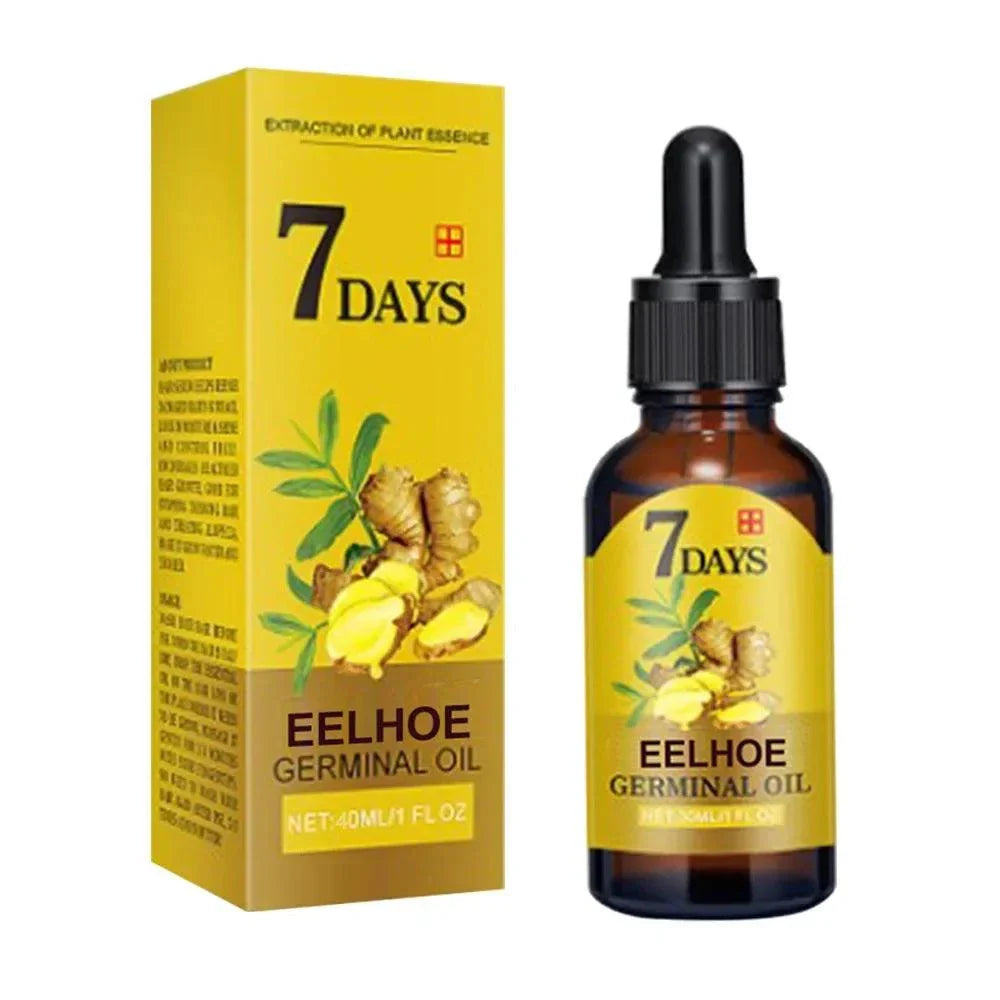 7 Day Rapid Growth ginger-infused hair growth serum with scalp nourishing germinal oil in amber dropper bottle and yellow packaging