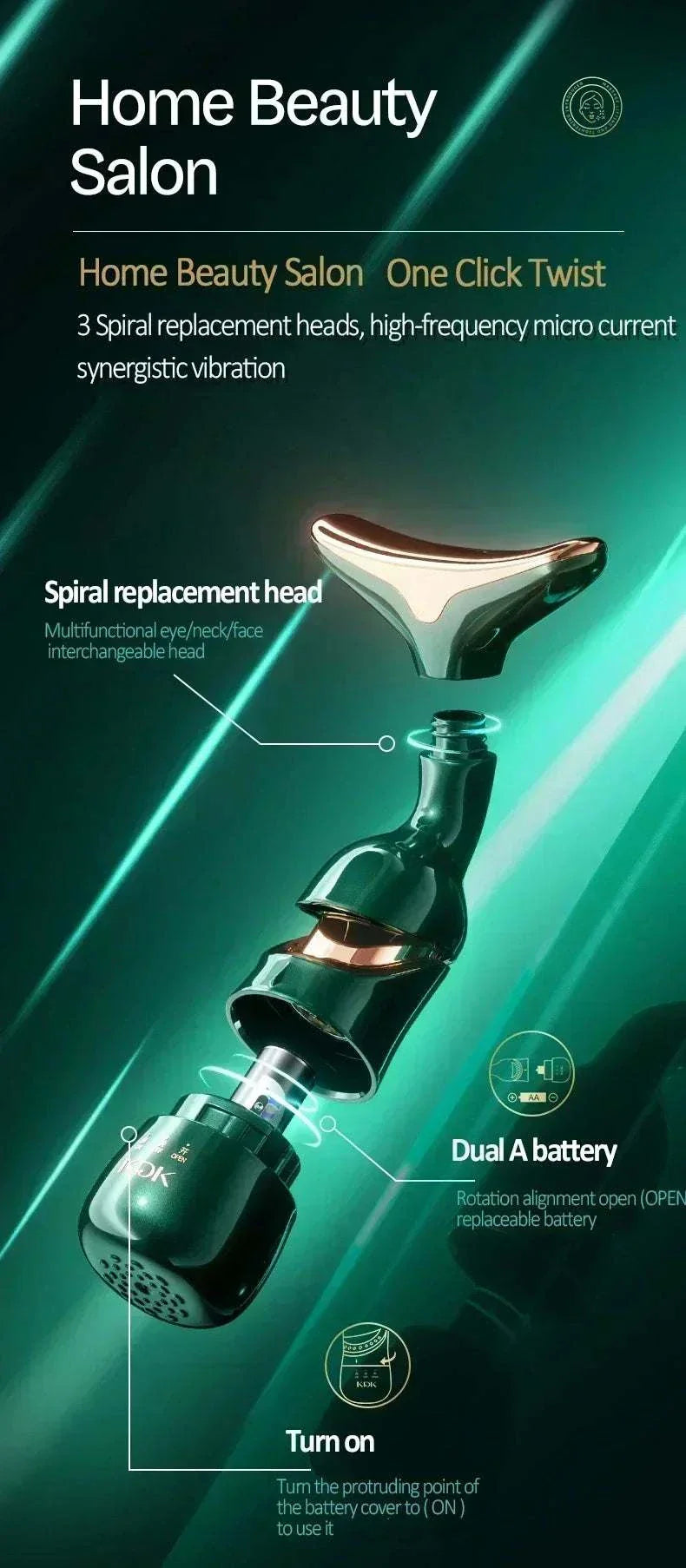 3-in-1 Facial Lifting Device with spiral replacement heads, EMS microcurrent technology, and dual batteries for face, neck, and eye massage and skin tightening