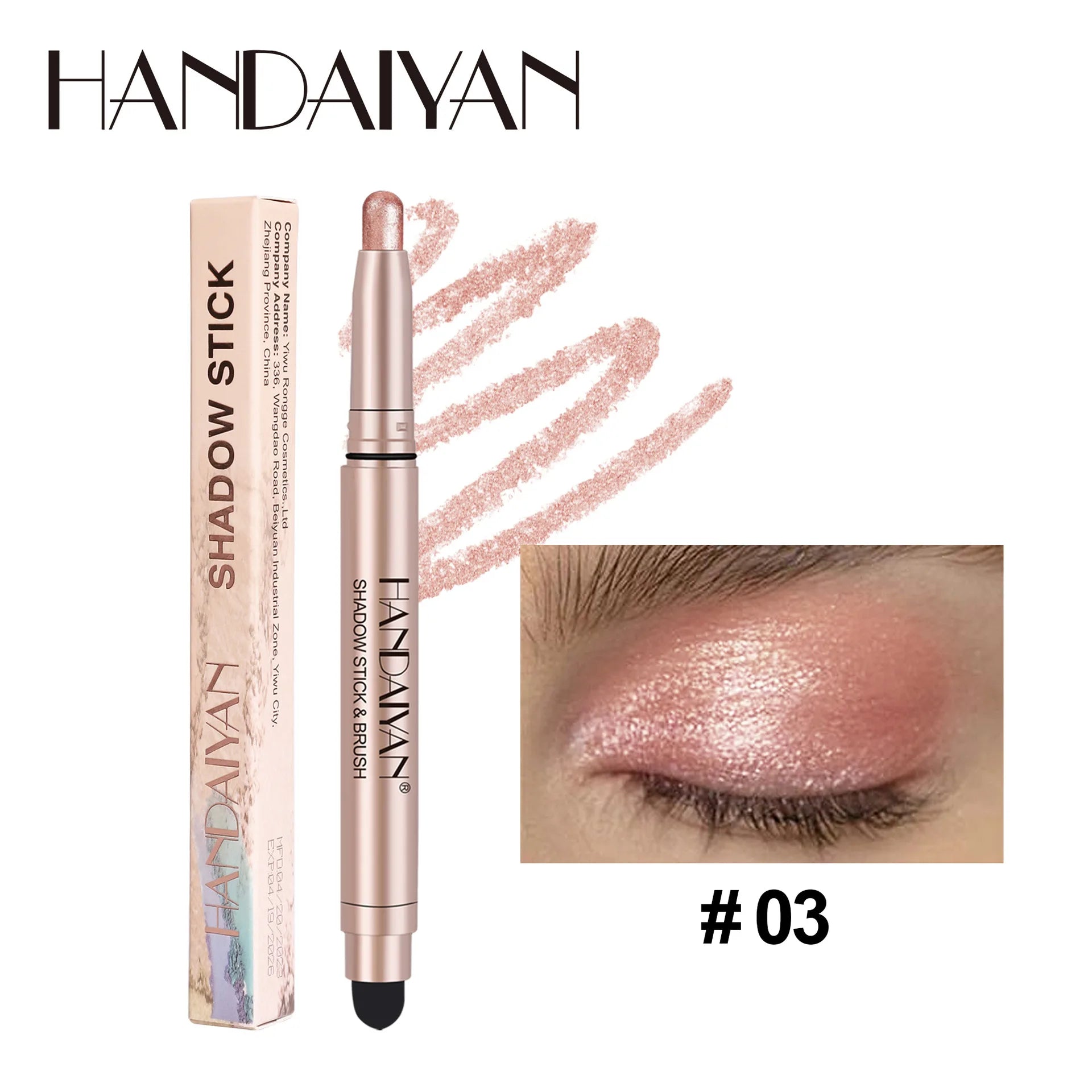 Handaiyan Highlighting Eye Shadow Stick with pearlescent shimmer and smooth creamy texture in shade #03