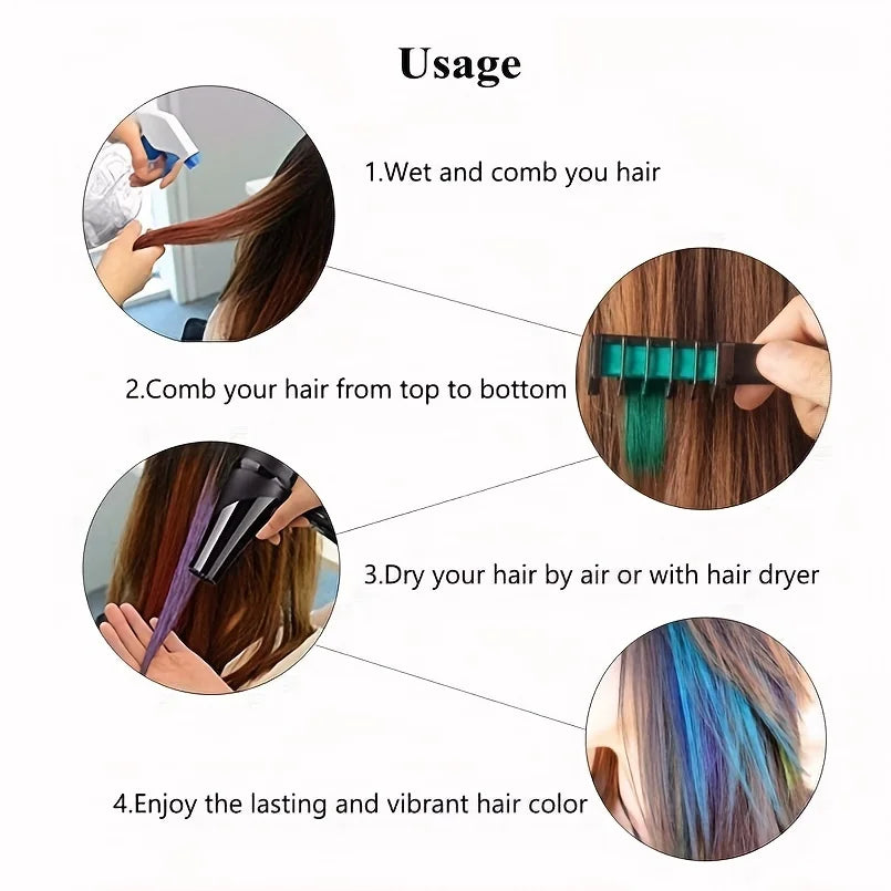 10-Color Mini Hair Dye Comb Set showing usage steps with vibrant temporary hair color application