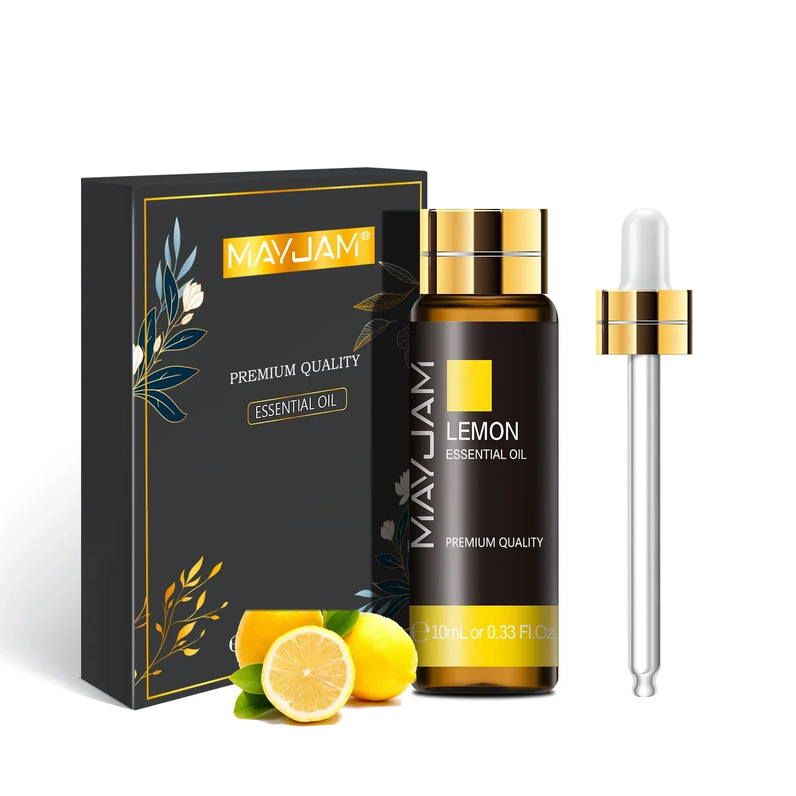 MAYJAM Lemon Essential Oil 10ml bottle with dropper and black premium quality packaging with lemon fruit beside it