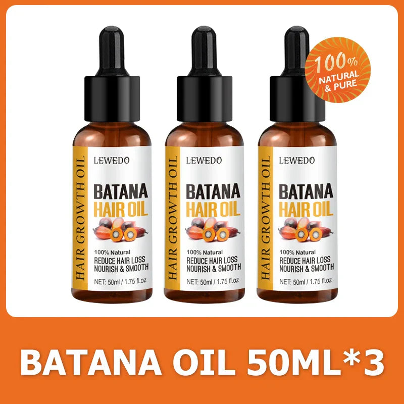 Three bottles of Lewedo Naturals Batana Oil for hair growth and nourishment, 50ml each, 100% natural and pure