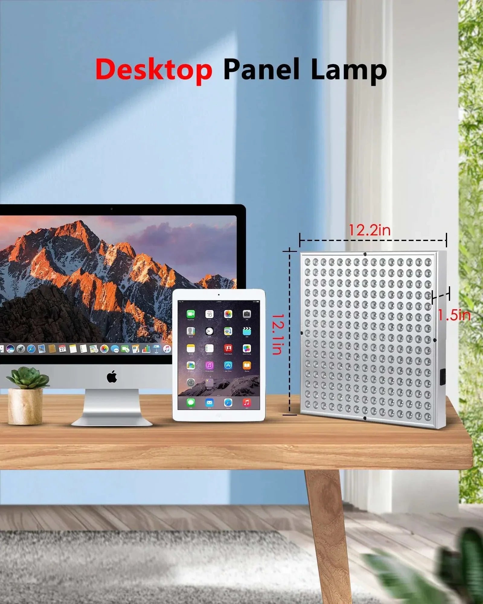 45W LED red light therapy panel lamp with 225 LEDs for anti-aging, pain relief, and skin care shown on desktop with size dimensions.