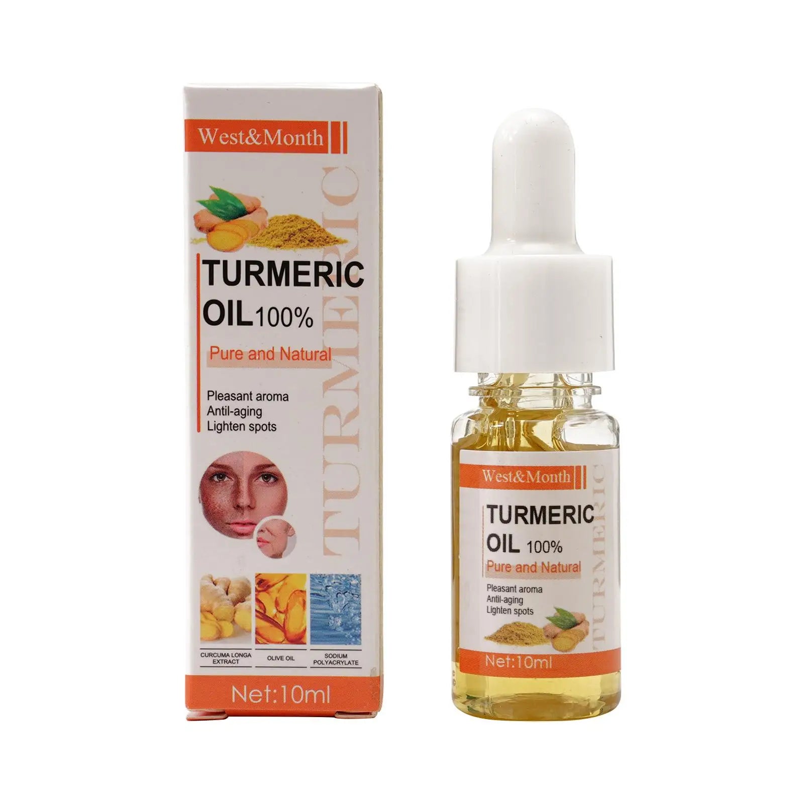 Turmeric Face Whitening & Brightening Serum bottle and packaging highlighting pure turmeric oil for skin brightening and dark spot correction