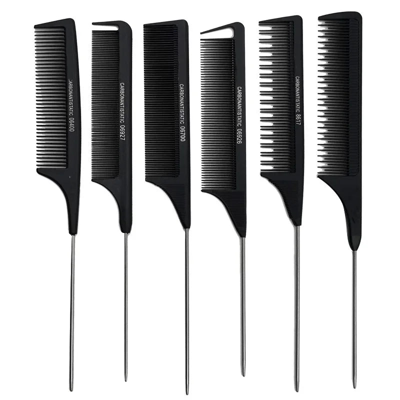 Set of professional hair tail combs with stainless steel tails and fine teeth for precise styling and parting