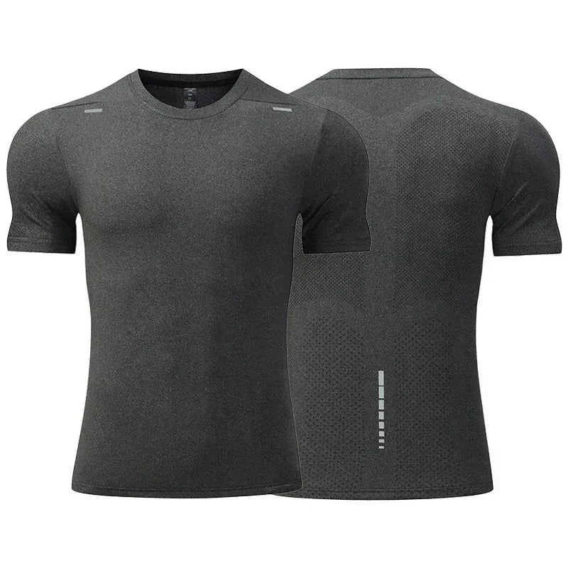 Men's summer loose breathable quick-dry fitness T-shirt in dark gray front and back view