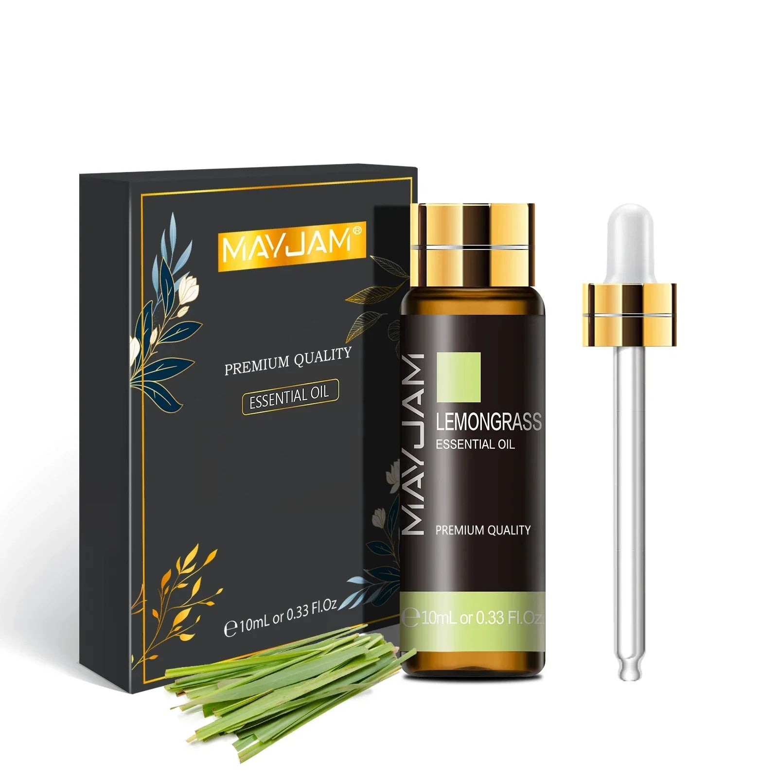 MAYJAM Essential Oil Lemongrass 10ml bottle with dropper and black packaging with gold accents and lemongrass leaves.