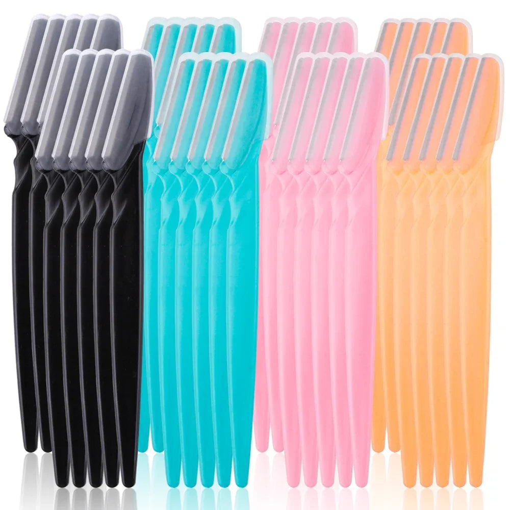 Set of colorful eyebrow trimmers and face shavers with safety guards for gentle hair removal