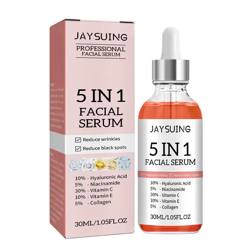 JAYSUING 5 In 1 Facial Serum with Vitamin C and Hyaluronic Acid for reducing wrinkles and black spots, 30ml bottle with dropper and pink box packaging