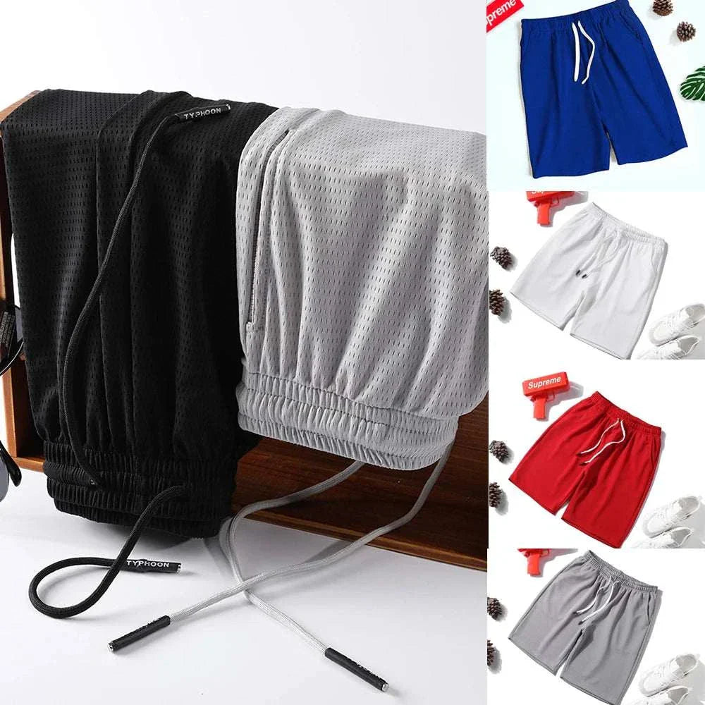2025 NEW Fitness Sports Shorts for men in black, gray, blue, white, red, and light gray with elastic waistbands and drawstrings, made of quick-drying, breathable fabric.