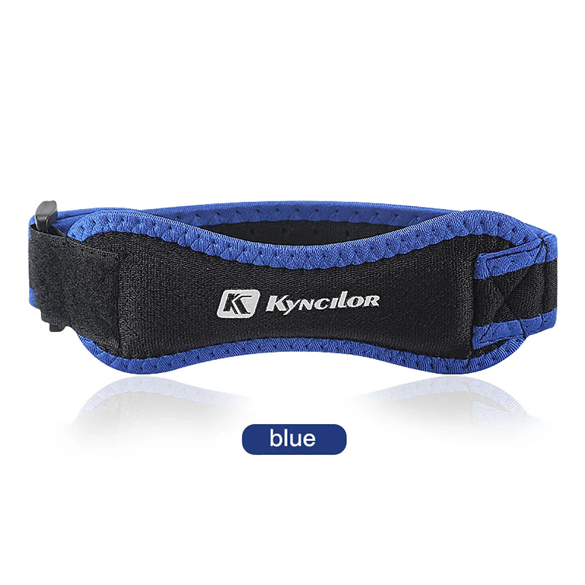 Adjustable silica gel knee tendon strap protector in blue with ergonomic pad and hook-and-loop closure