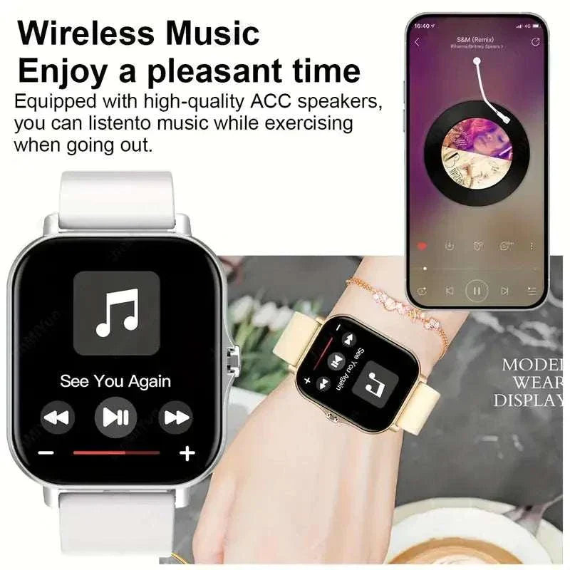 KESHUYOU 2025 Smart Watch with wireless music playback, high-quality ACC speakers, fitness tracking, and sleek design on wrist.