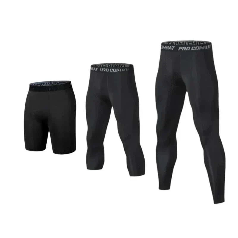 Set of men's compression workout tights in varying lengths, made from breathable, sweat-wicking fabric for muscle support and enhanced endurance during training.