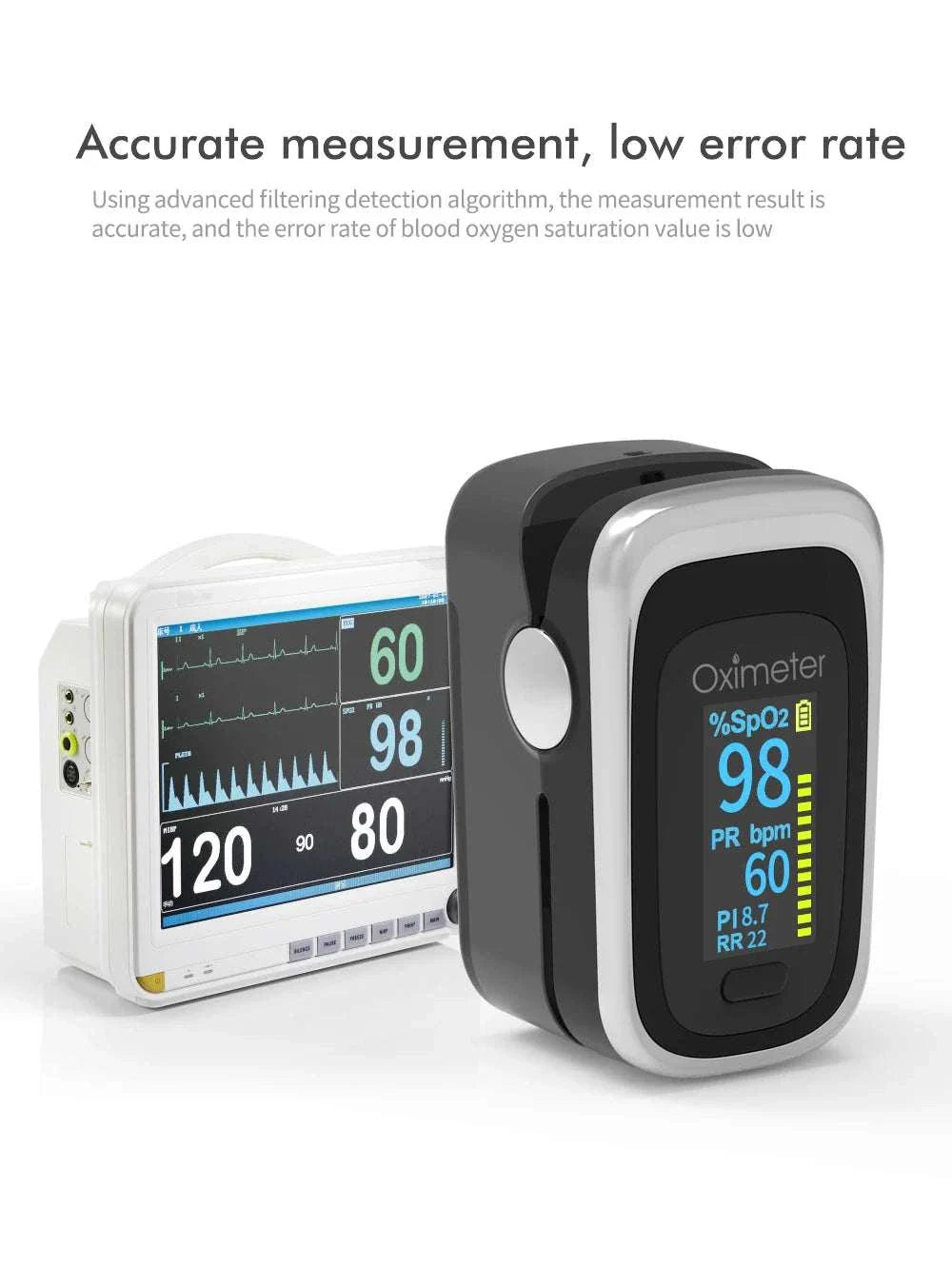 KIUZOU Finger Pulse Oximeter with bright OLED display showing SPO2, pulse rate, PI, and respiratory rate for accurate health monitoring