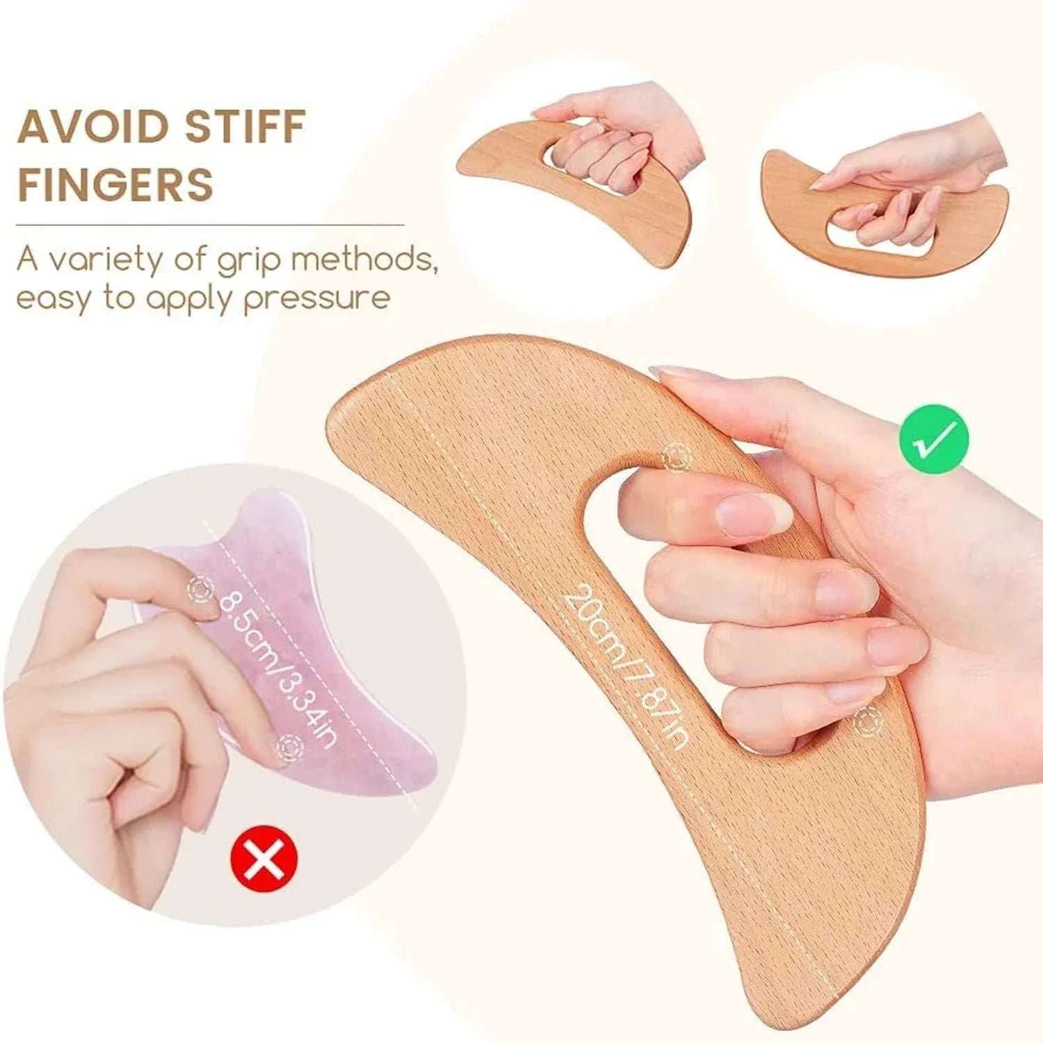 Ergonomic wooden Gua Sha tool held in hand for anti-cellulite massage and body therapy with easy grip design.