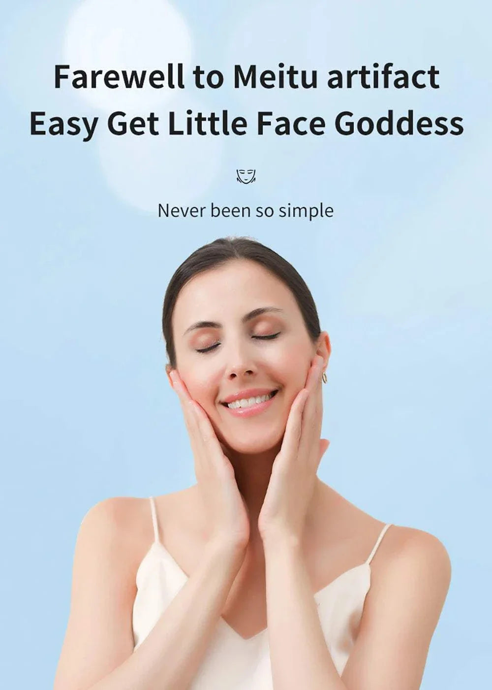 Woman using EMS face lifting massager for anti-wrinkle and V-face firming skin treatment