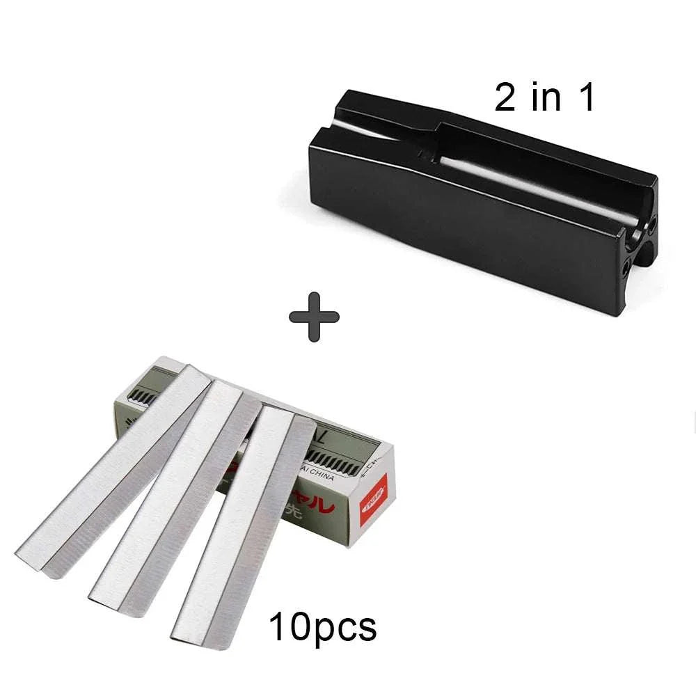 Eyebrow pencil and trimmer set with 2-in-1 black trimmer and 10 precision replacement blades for grooming and shaping brows.