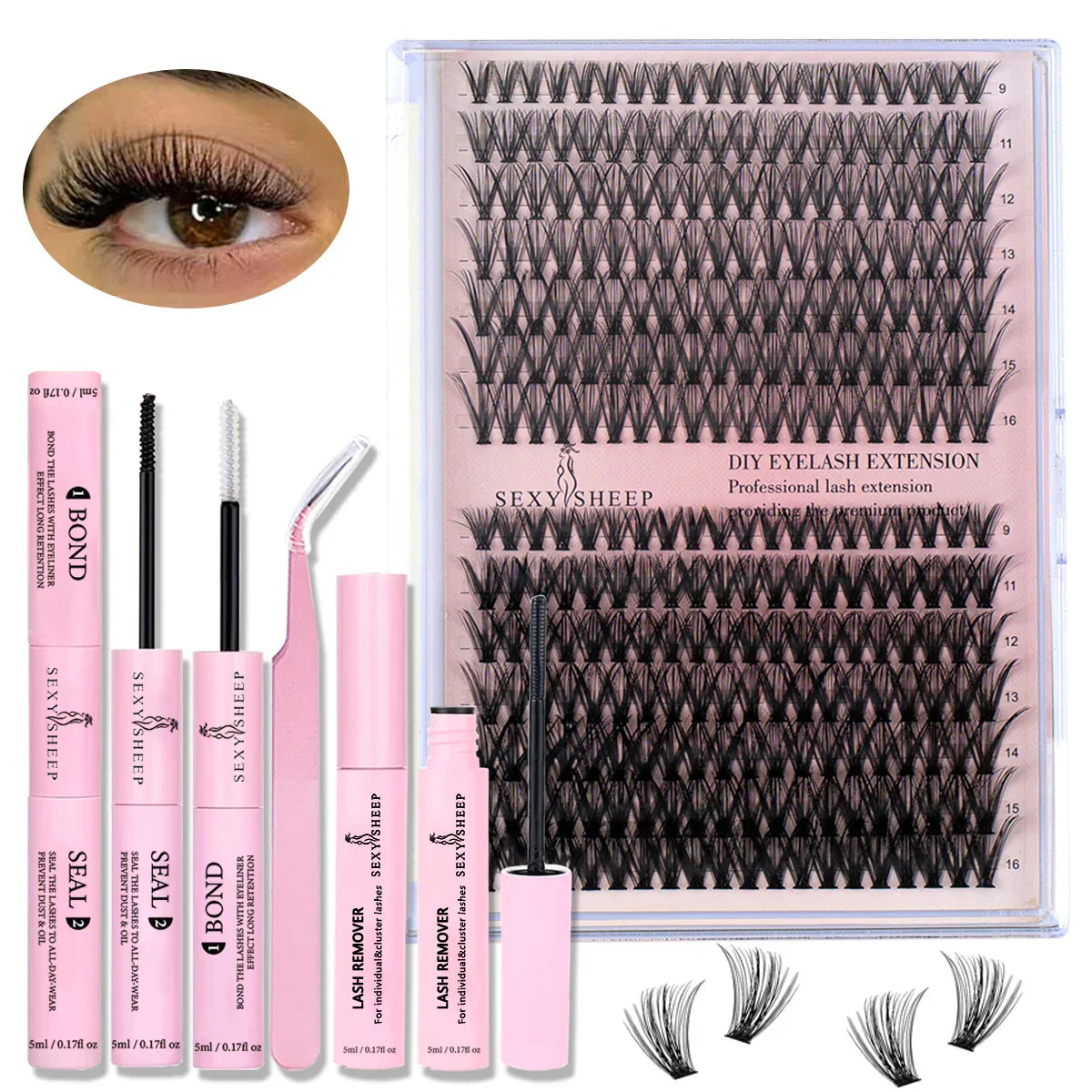280pcs DIY Lash Extension Kit with cluster lashes, bond, seal, remover, and applicator for natural and glam looks