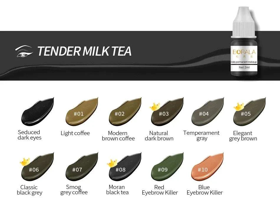 Borala 26 Colors 3ML permanent makeup tattoo pigments in various shades for lips, eyebrows, and eyeliner with vibrant professional-grade colors.