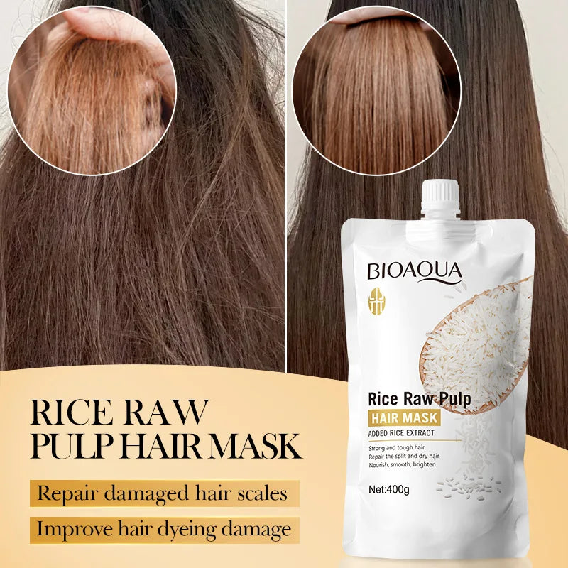 before and after using Magical Keratin Hair Mask showing repair of damaged, frizzy hair with Bioaqua Rice Raw Pulp Hair Mask packaging