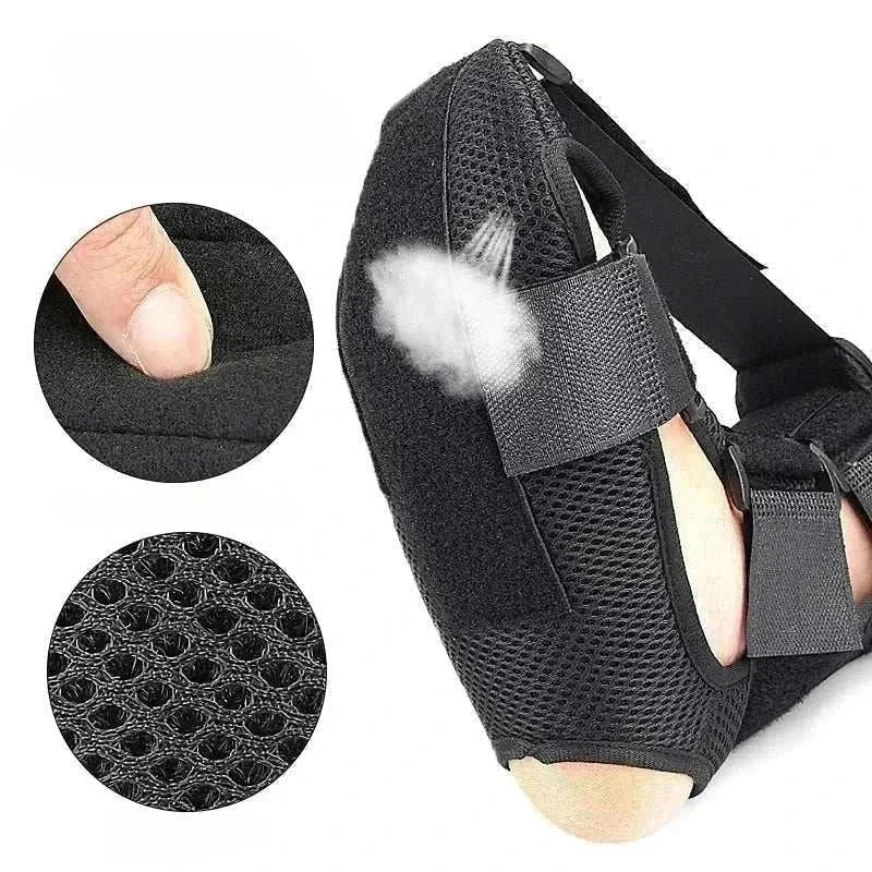 Black breathable night splint for plantar fasciitis with adjustable straps and soft cushion detailing