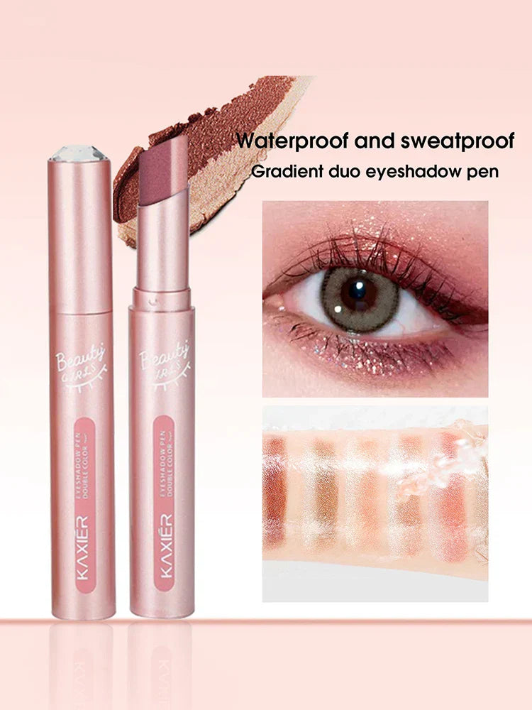 Waterproof Gradient Two-Color Eye Shadow Pen with pearlescent shimmer and blendable dual tones