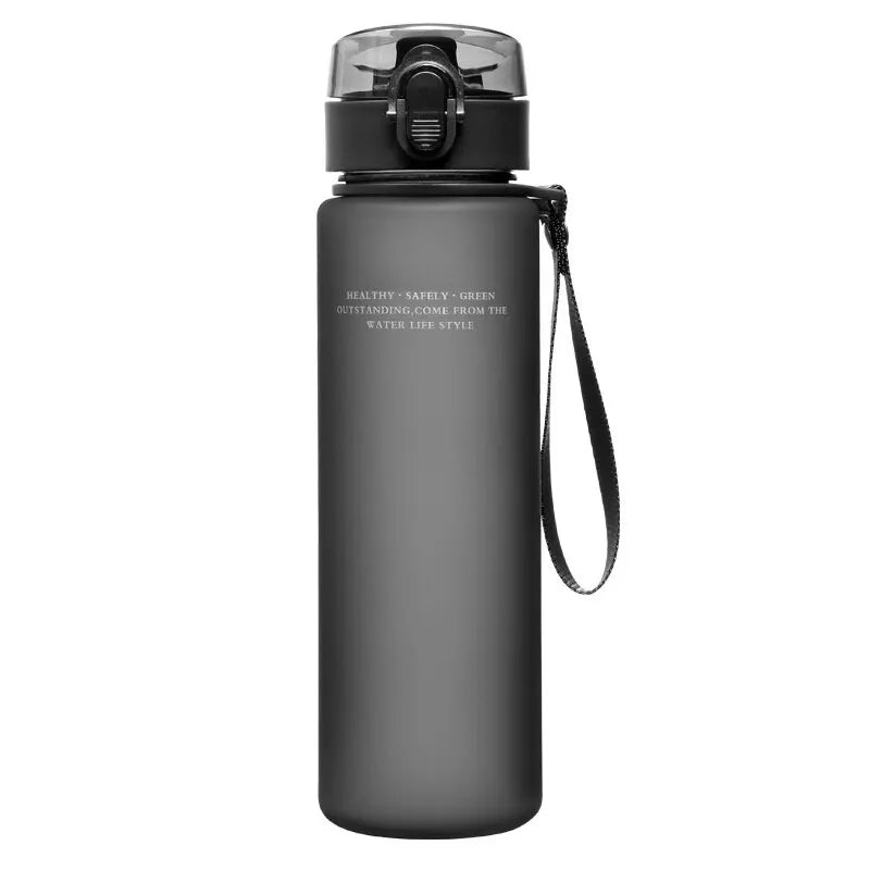 Black BPA-Free Leak-Proof Sports Water Bottle with secure lid and carrying strap, ideal for hiking and fitness