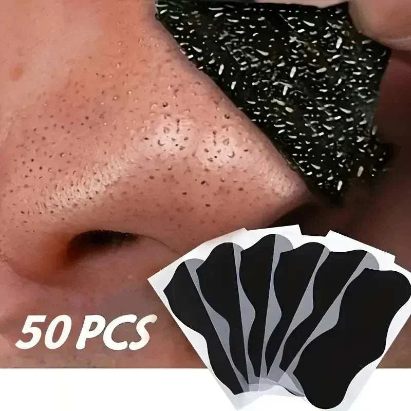Close-up of nose with black bamboo charcoal nasal strips for blackhead removal, showing 50 pieces pack