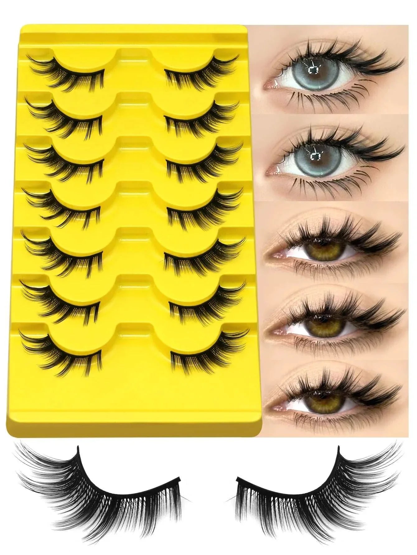 GROINNEYA Cat Eye Lashes 3D faux mink natural volumizing false eyelashes in yellow tray with eye application examples