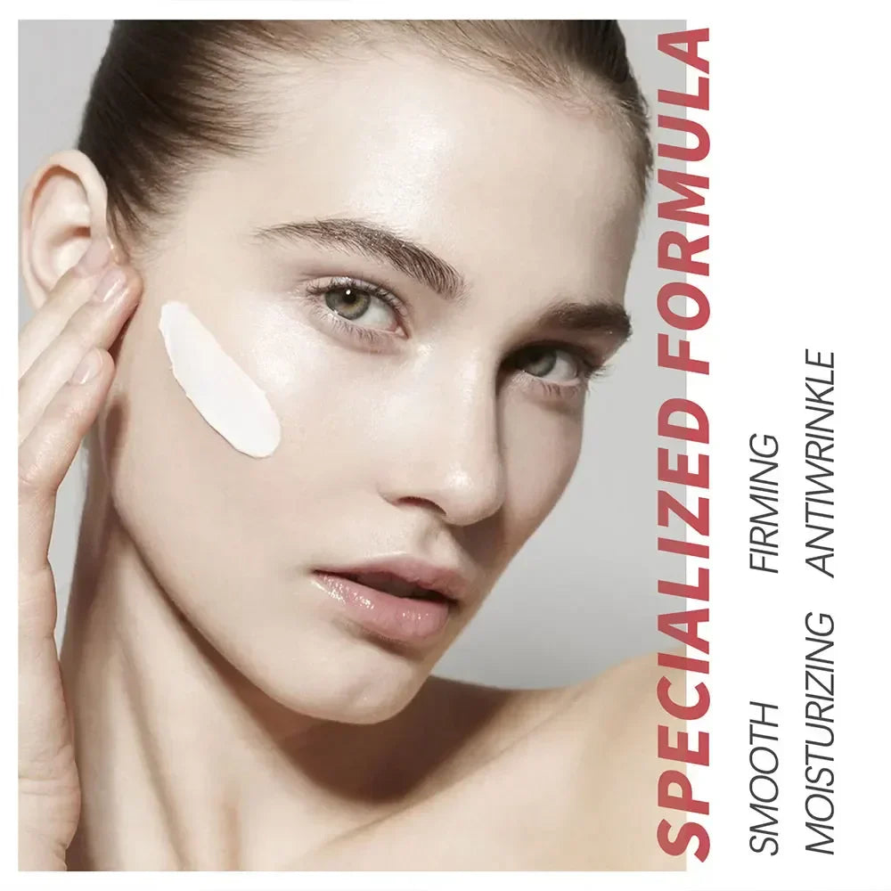 Woman applying Retinol Lifting & Firming Collagen Cream on face for firming and anti-wrinkle care