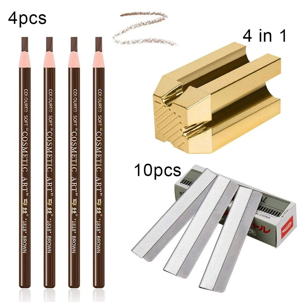 Eyebrow pencil and sharpener set with 4 brown pencils and 10 precision trimmer blades for grooming and shaping brows.