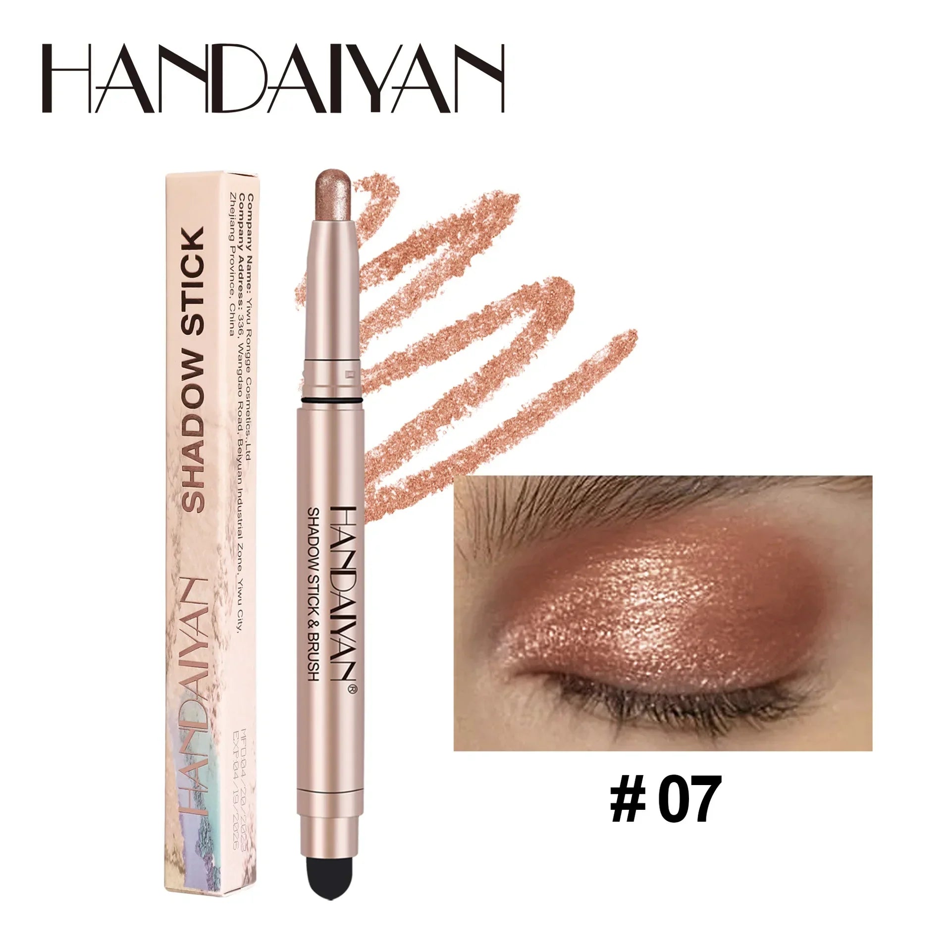 Handaiyan Highlighting Eye Shadow Stick shimmering rose gold eyeshadow pencil with brush and swatch on eyelid #07